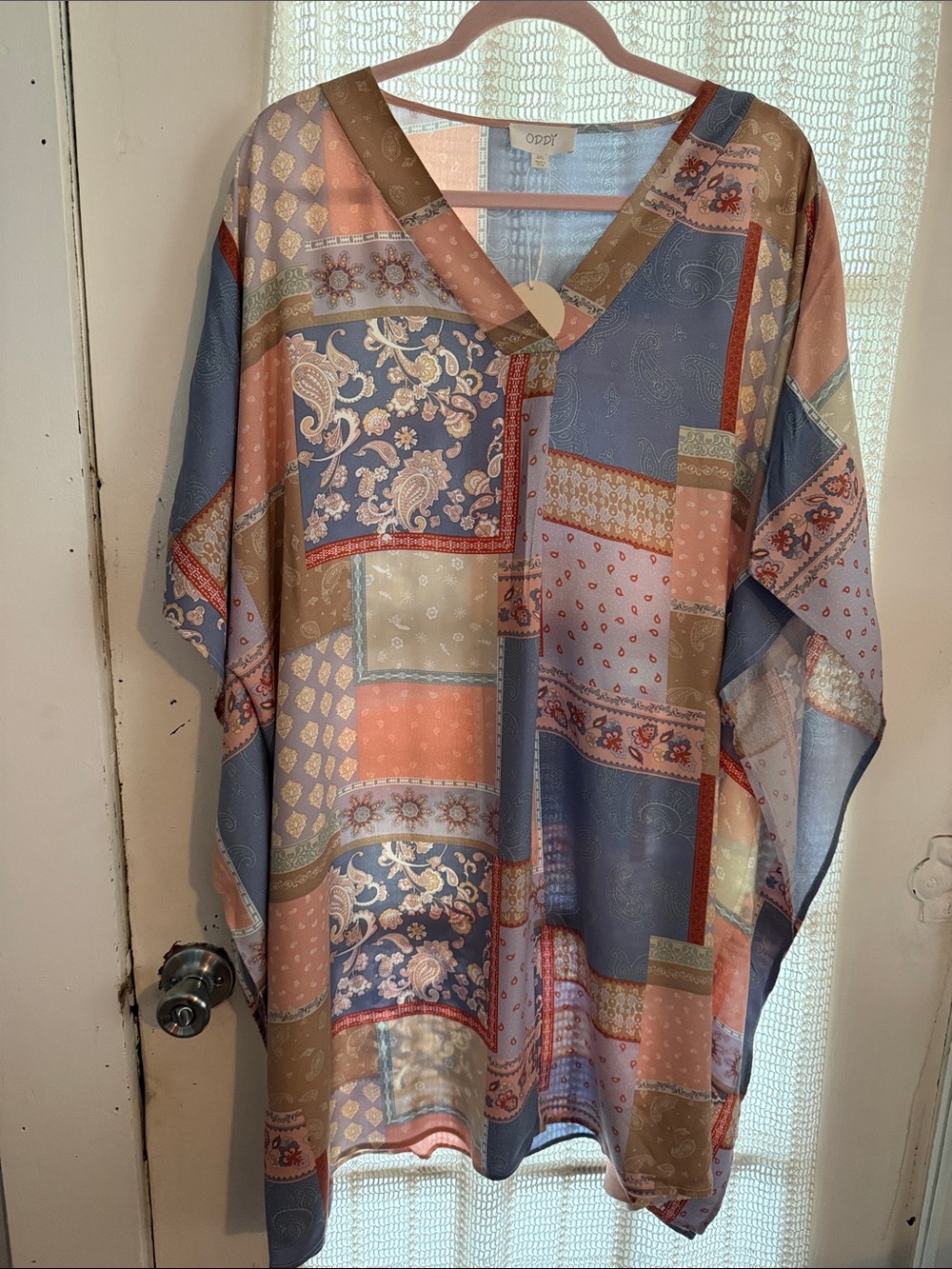 ODDY Patchwork Paisley V-Neck Dress - Blue, Pink, Brown - 2xl